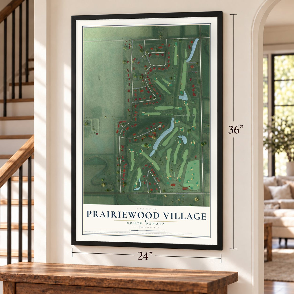 Prairiewood Village, South Dakota map, 24 x 36 inch print in a black frame by a staircase