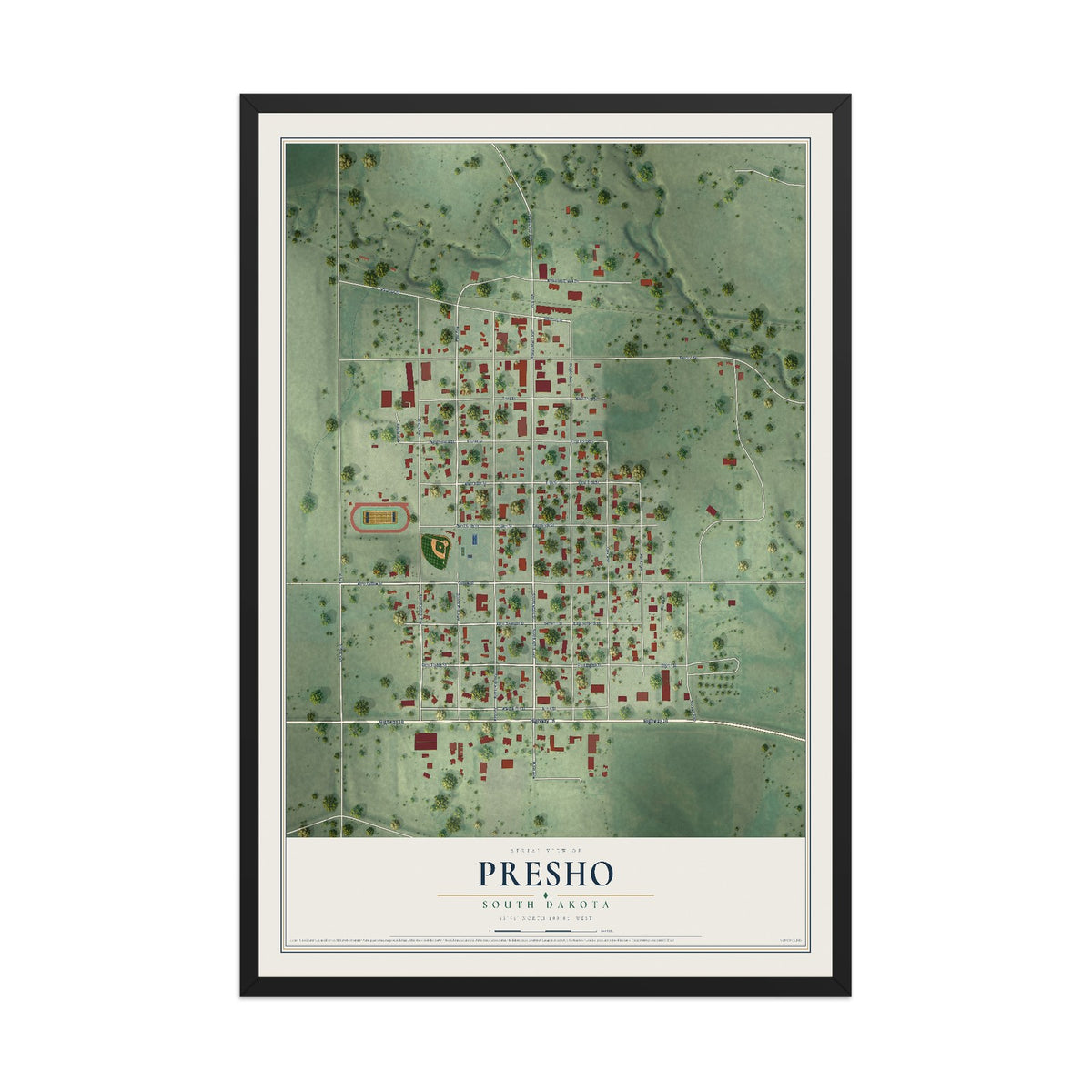 Map of Presho, South Dakota, 12 x 18 inch print in a black wood frame