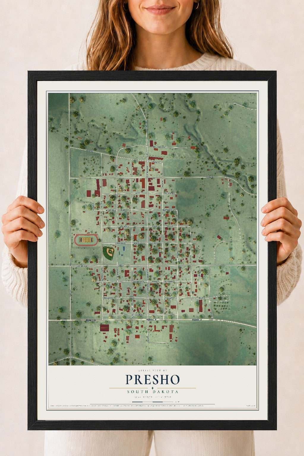 Map of Presho, South Dakota, 18 x 24 inch print in a black wood frame