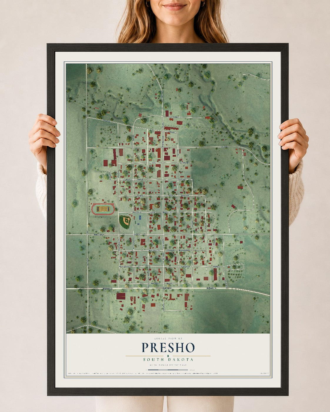 Map of Presho, South Dakota, 24 x 36 inch print in a black wood frame