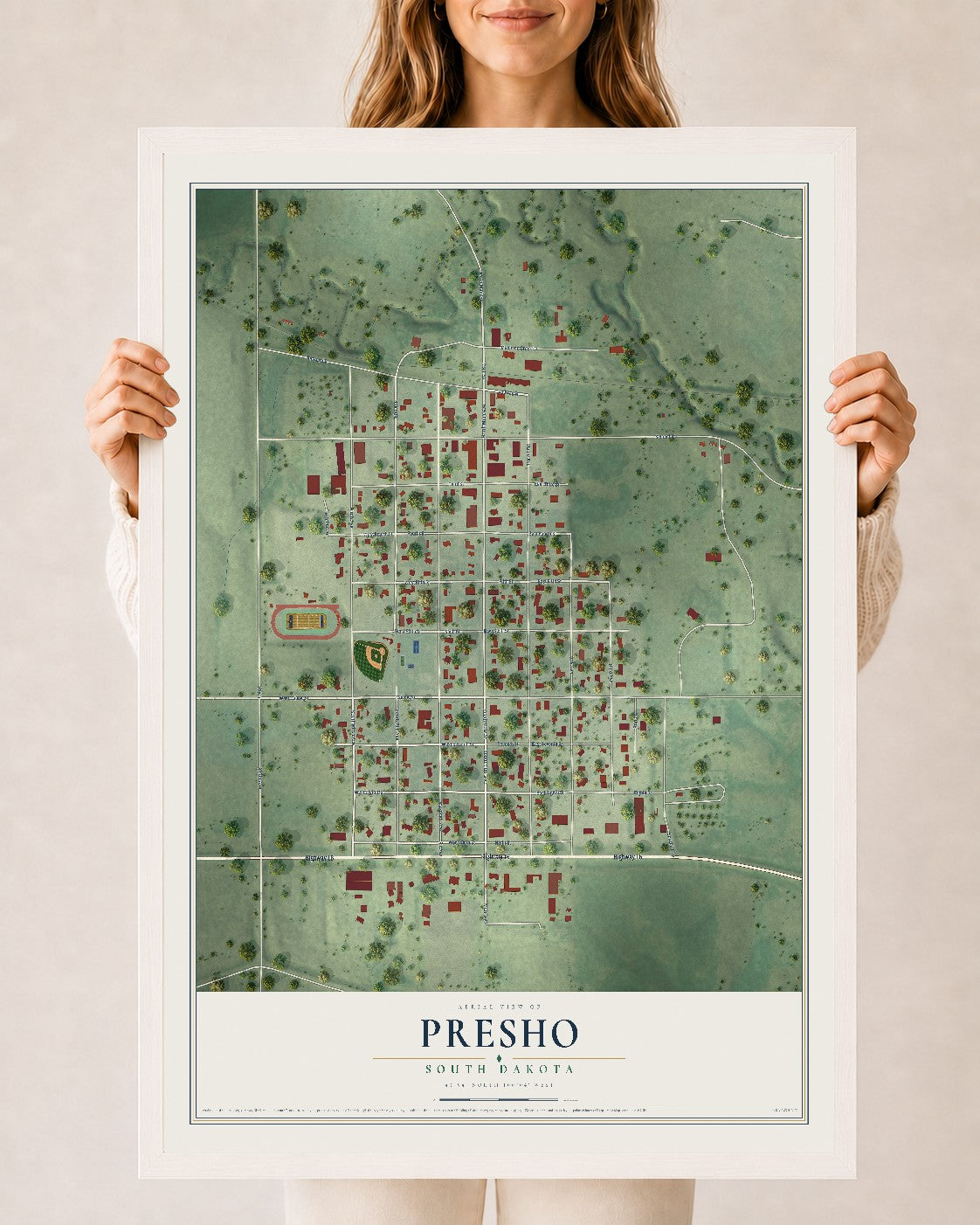 Map of Presho, South Dakota, 24 x 36 inch print in a white wood frame