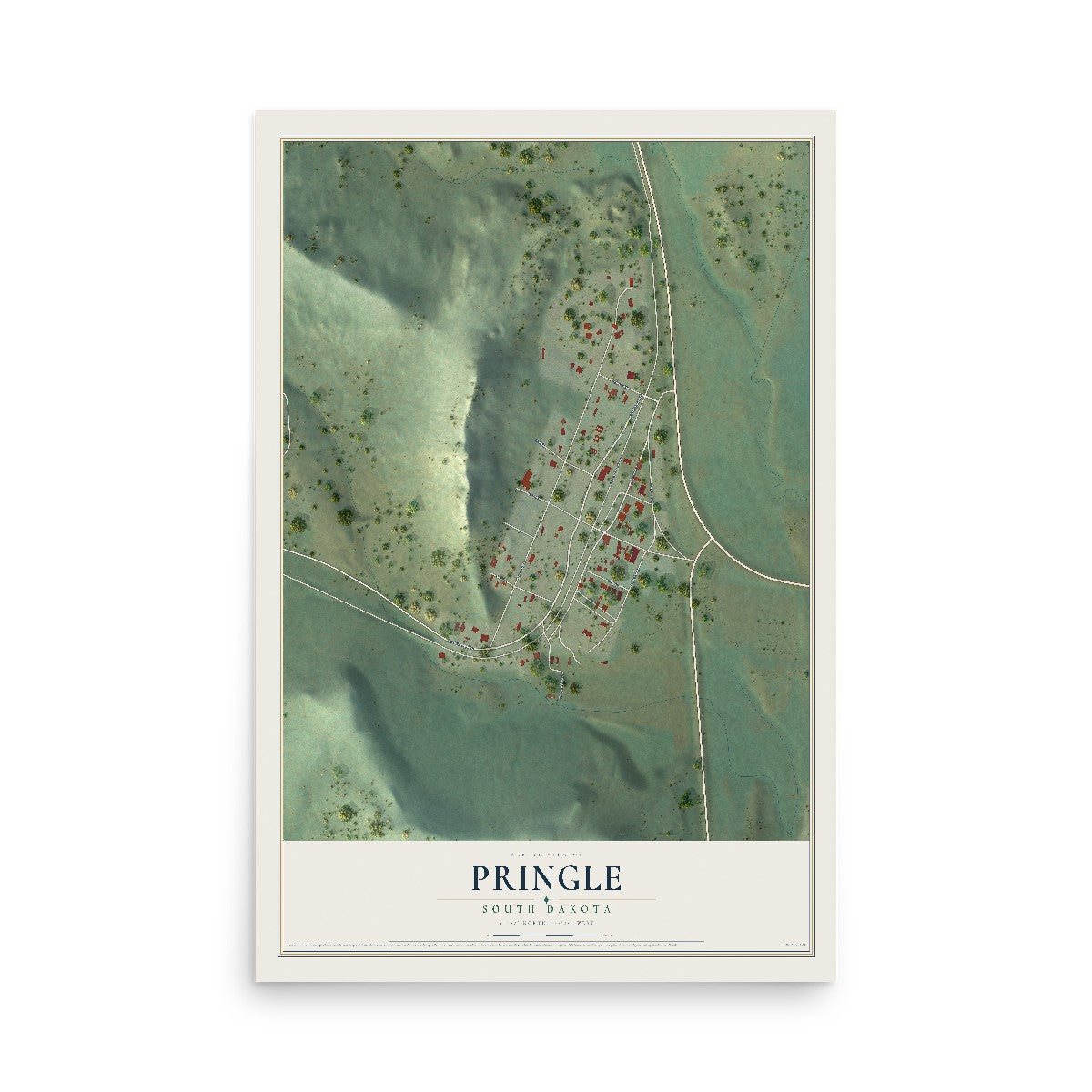 Map of Pringle, South Dakota, 12 x 18 inch unframed archival matte print