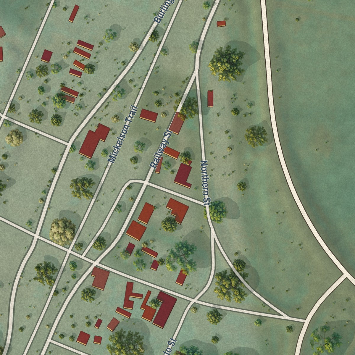 Close-up of the map of Pringle, South Dakota print showing street and building detail