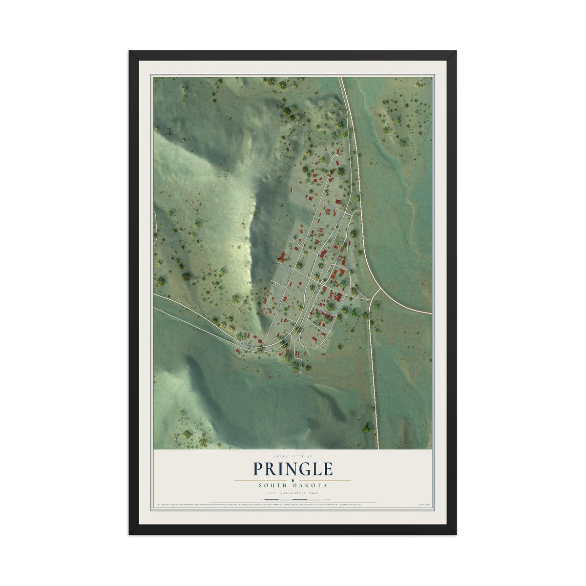 Map of Pringle, South Dakota, 12 x 18 inch print in a black wood frame