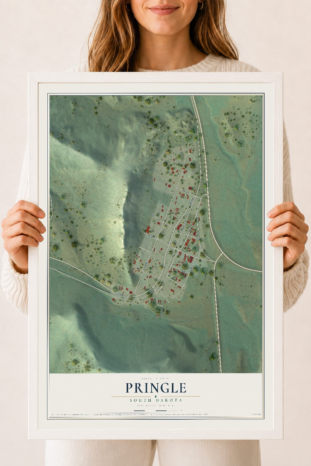 Map of Pringle, South Dakota, 18 x 24 inch print in a white wood frame