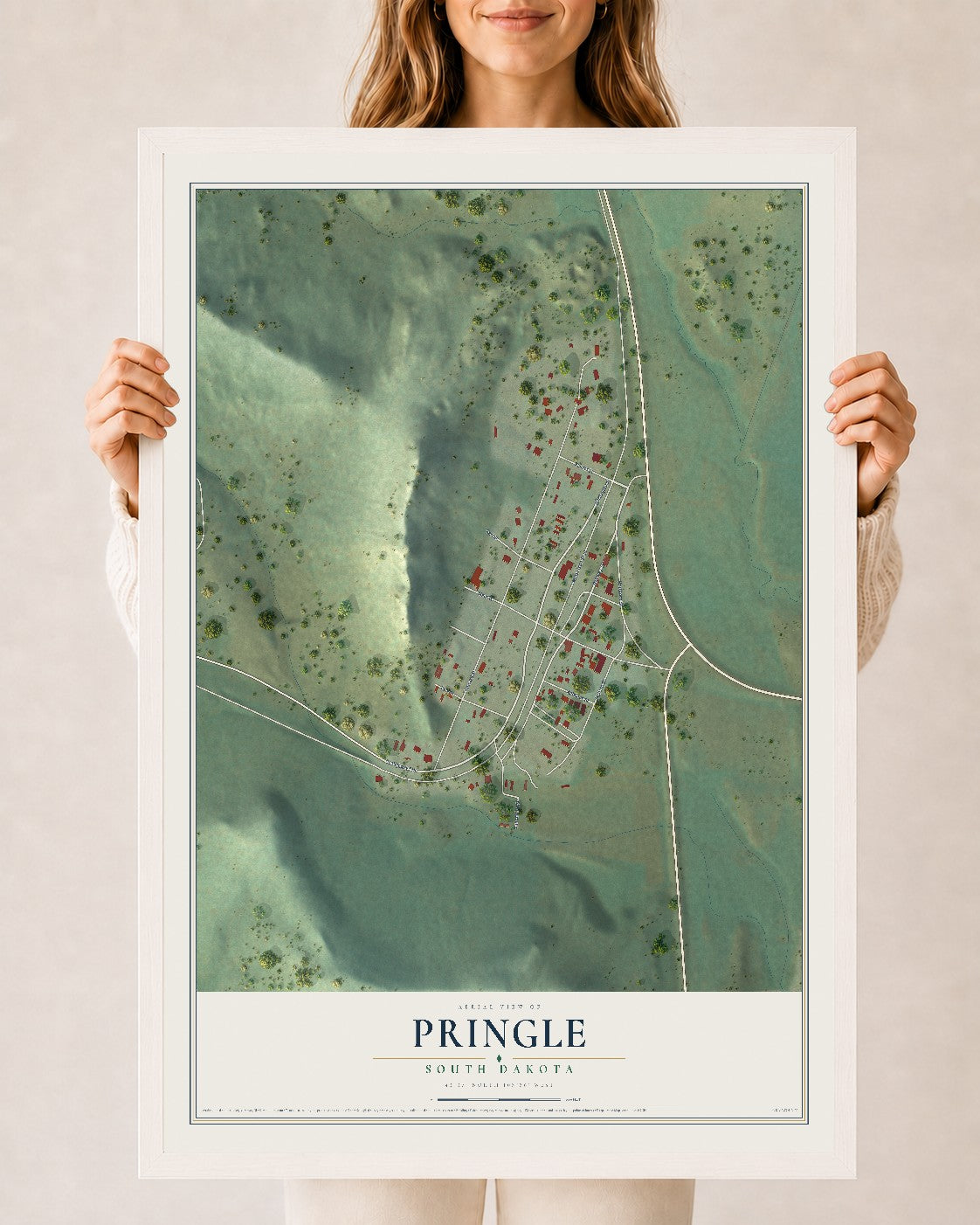 Map of Pringle, South Dakota, 24 x 36 inch print in a white wood frame