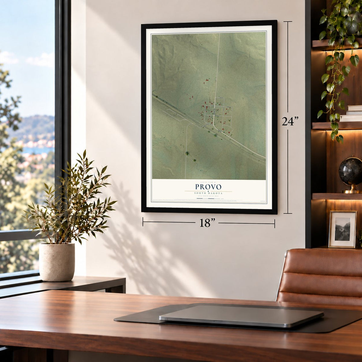 Provo, South Dakota map, 18 x 24 inch print in a black frame in a home office