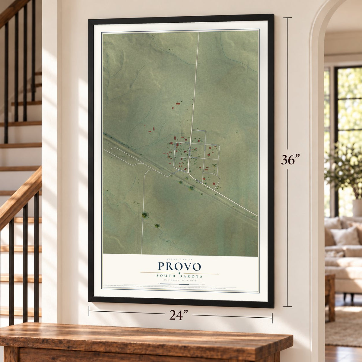 Provo, South Dakota map, 24 x 36 inch print in a black frame by a staircase