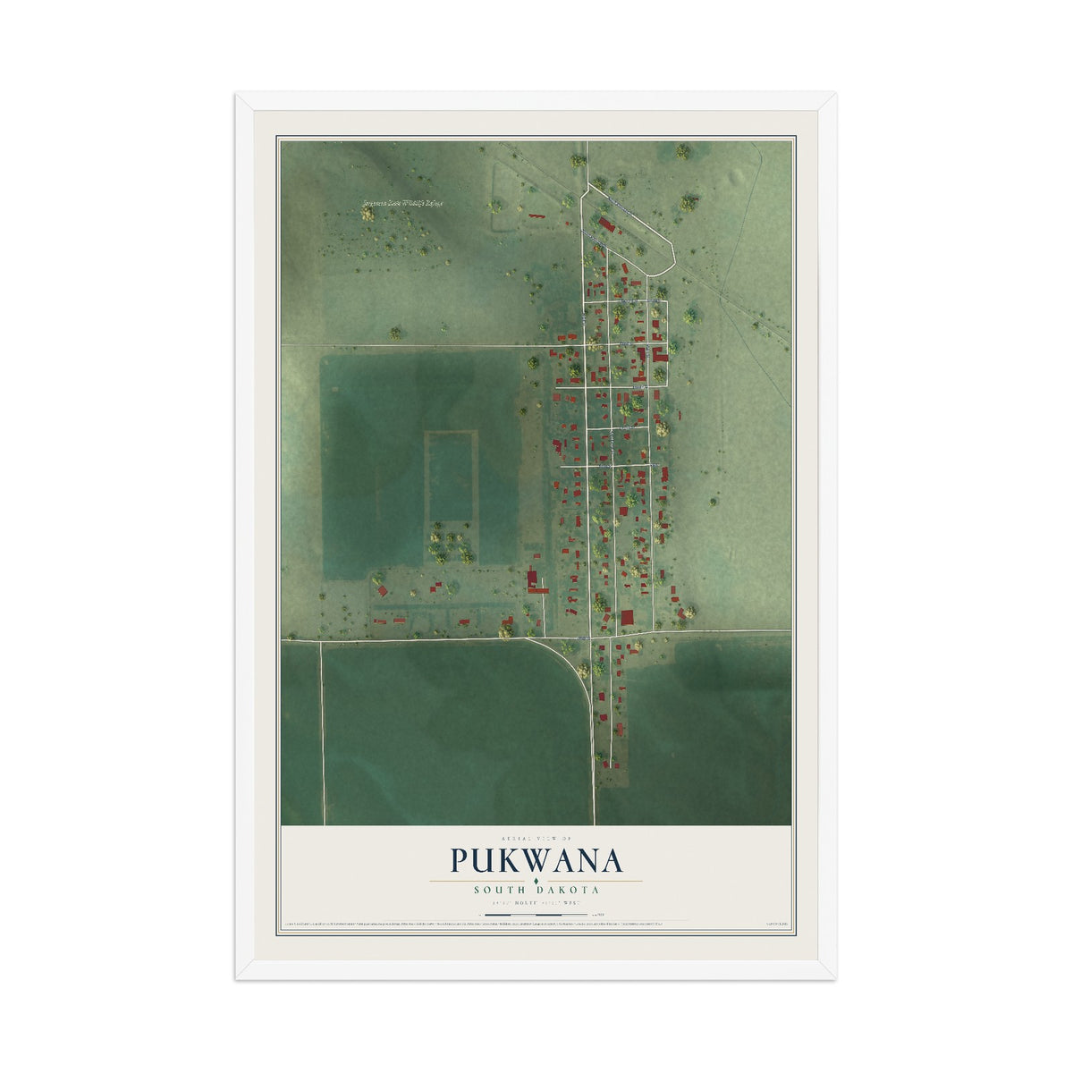 Map of Pukwana, South Dakota, 12 x 18 inch print in a white wood frame