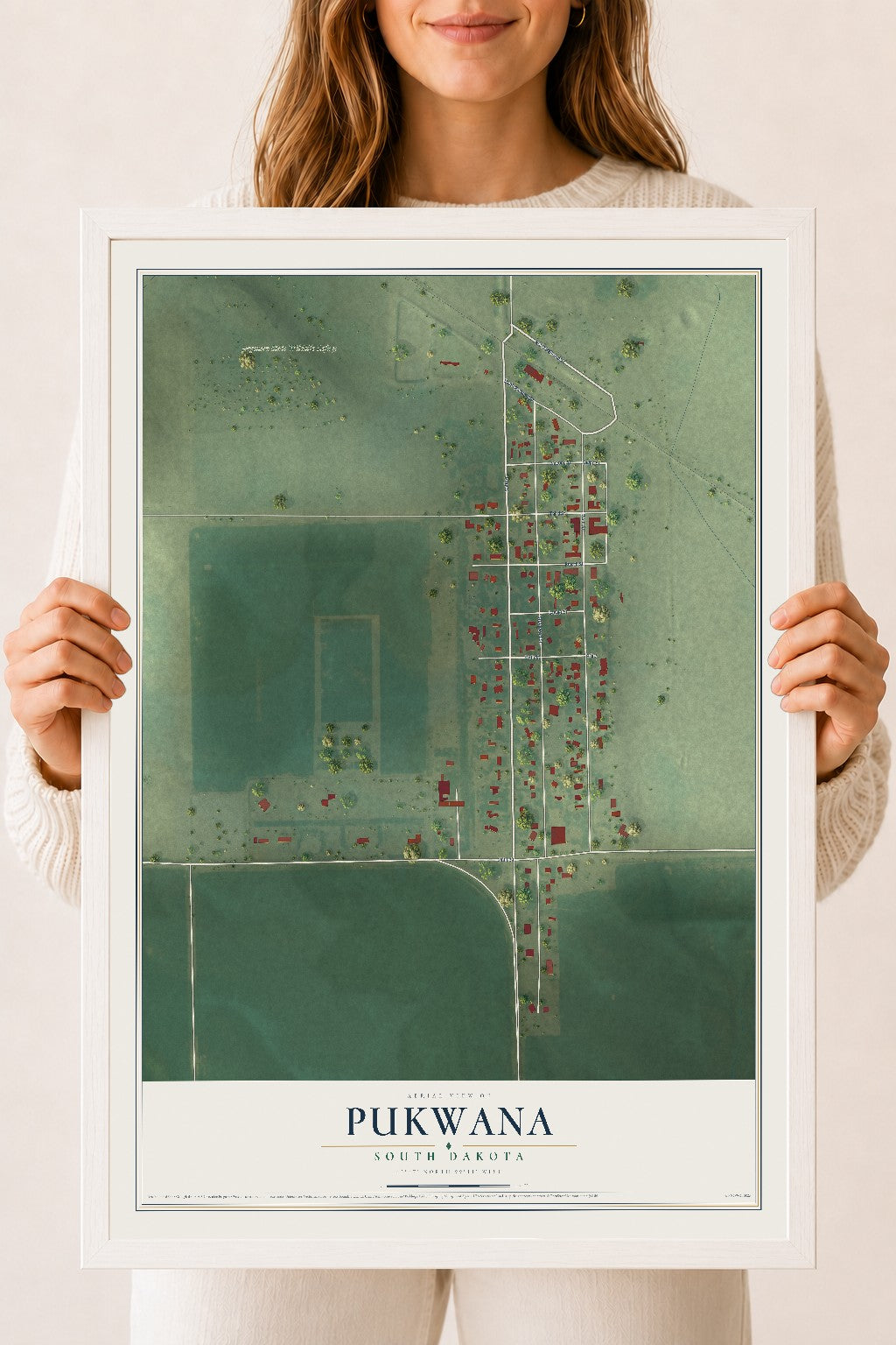 Map of Pukwana, South Dakota, 18 x 24 inch print in a white wood frame