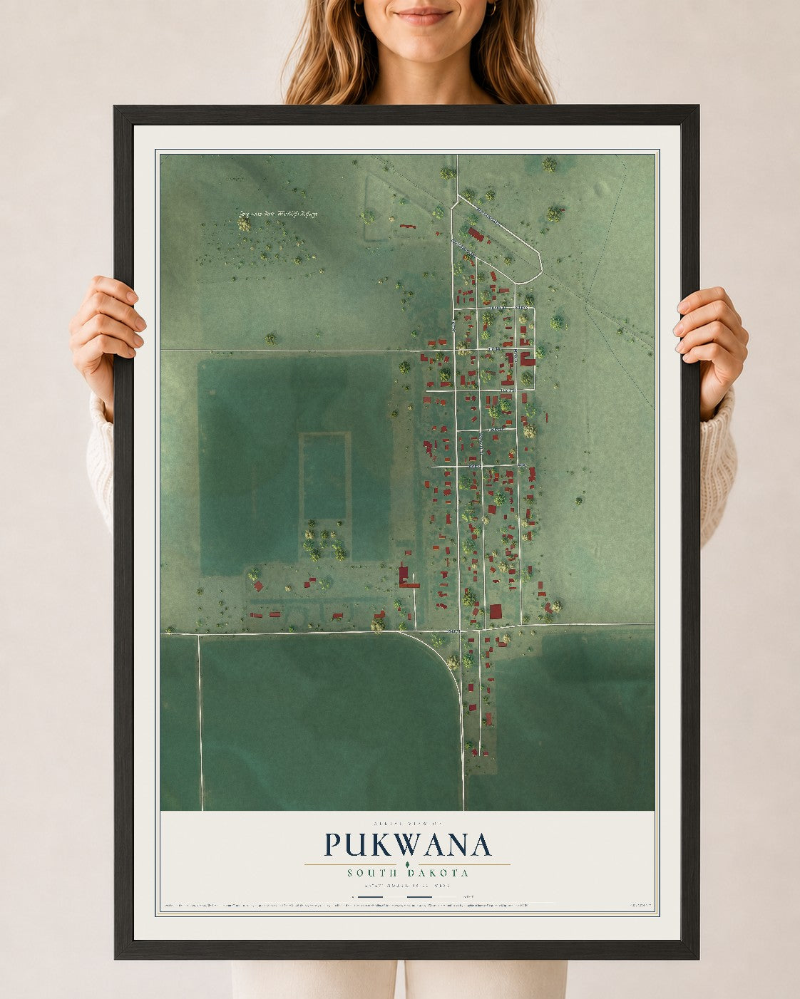 Map of Pukwana, South Dakota, 24 x 36 inch print in a black wood frame
