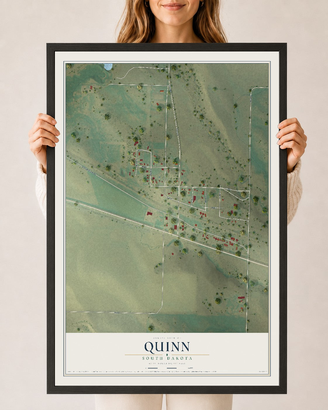 Map of Quinn, South Dakota, 24 x 36 inch print in a black wood frame