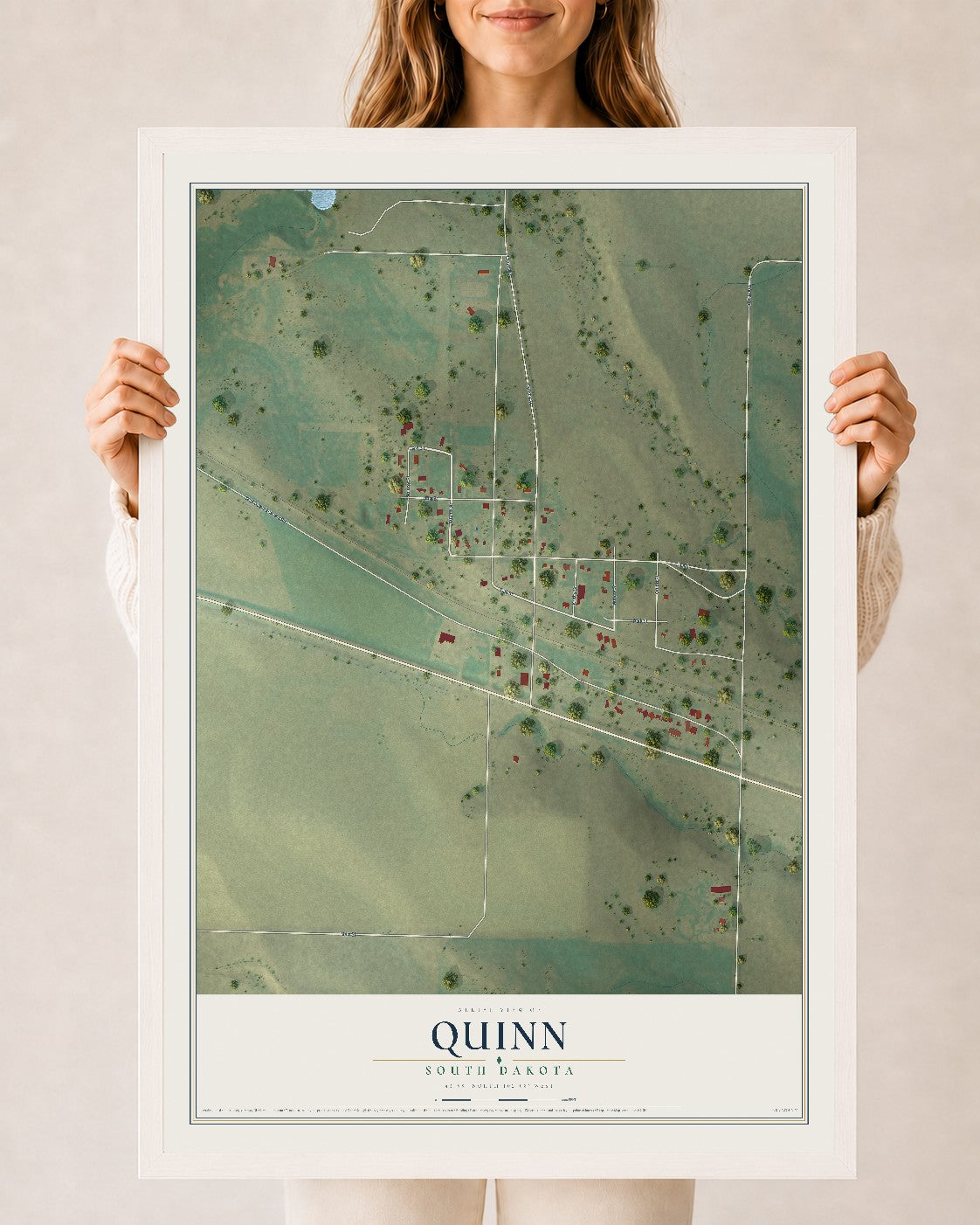 Map of Quinn, South Dakota, 24 x 36 inch print in a white wood frame