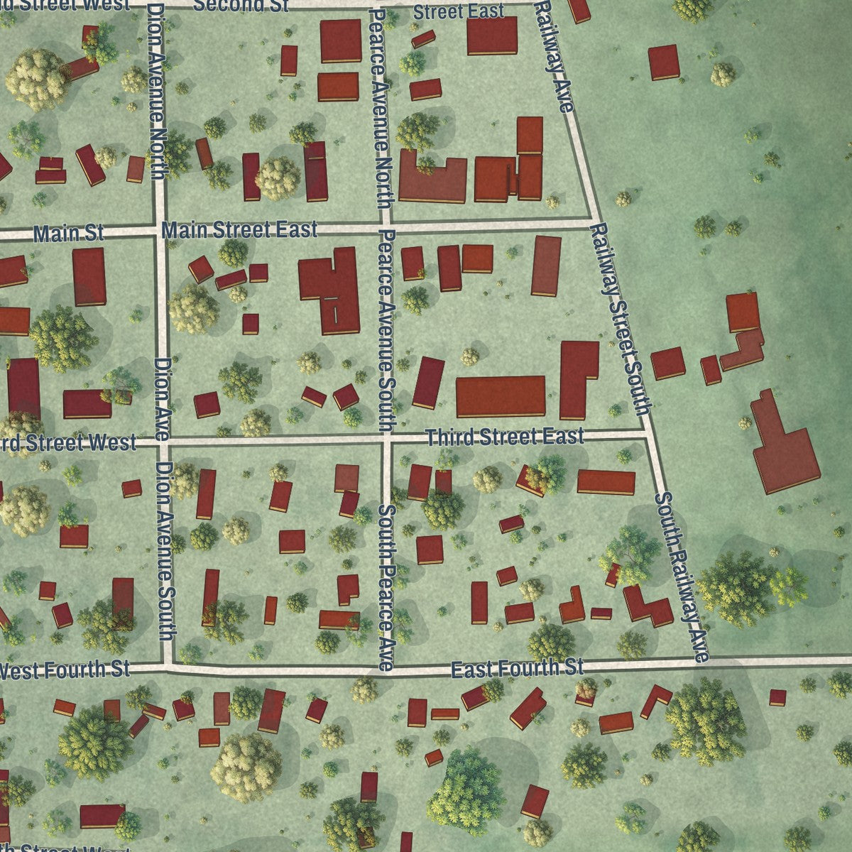 Close-up of the map of Ramona, South Dakota print showing street and building detail