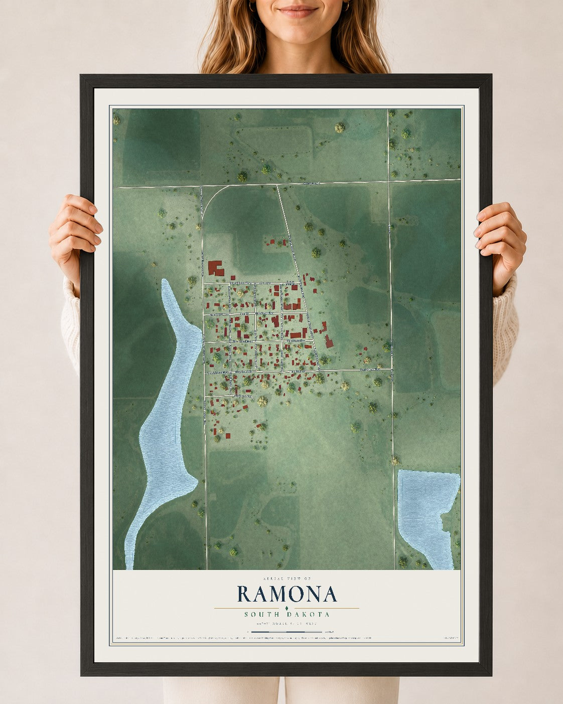 Map of Ramona, South Dakota, 24 x 36 inch print in a black wood frame