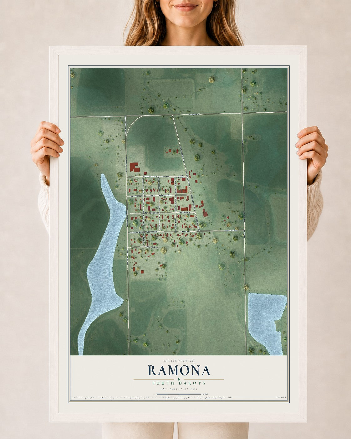 Map of Ramona, South Dakota, 24 x 36 inch print in a white wood frame