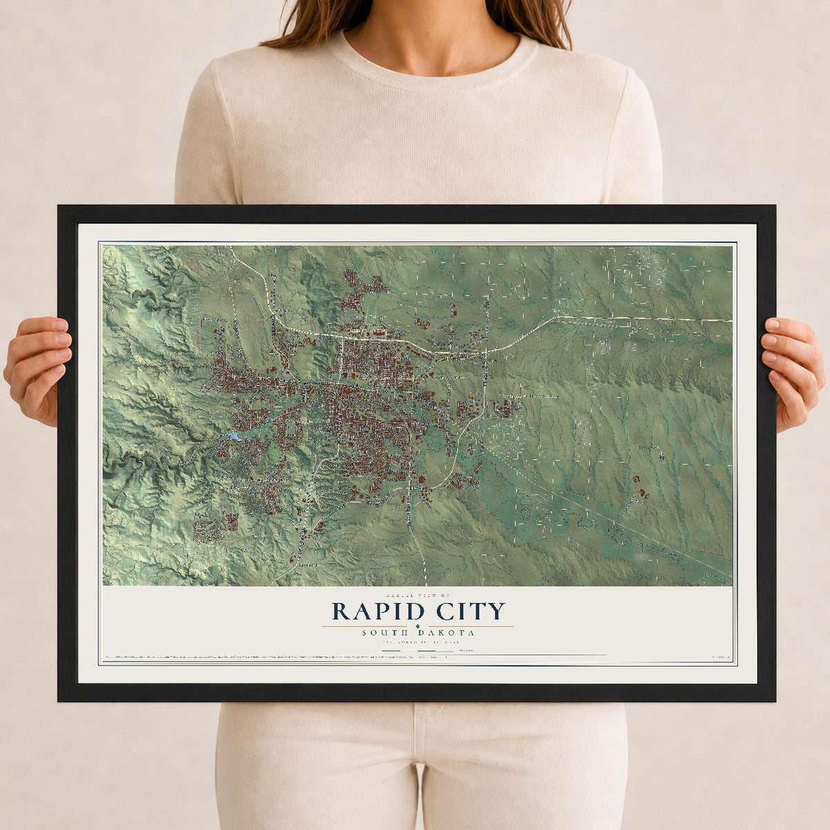 Map of Rapid City, South Dakota, 12 x 18 inch print in a black wood frame