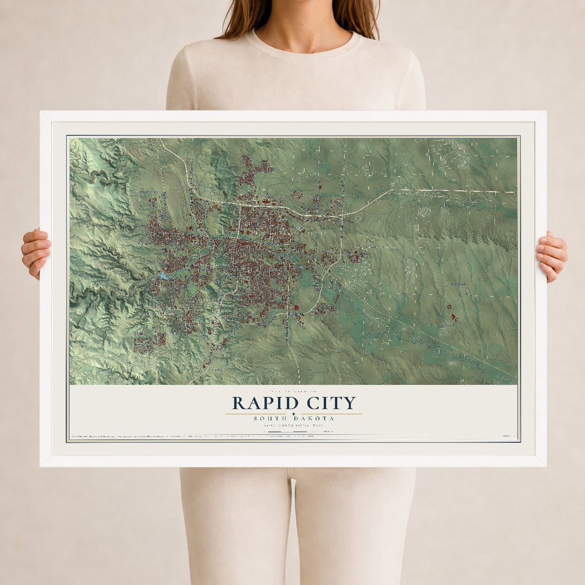Map of Rapid City, South Dakota, 24 x 36 inch print in a white wood frame