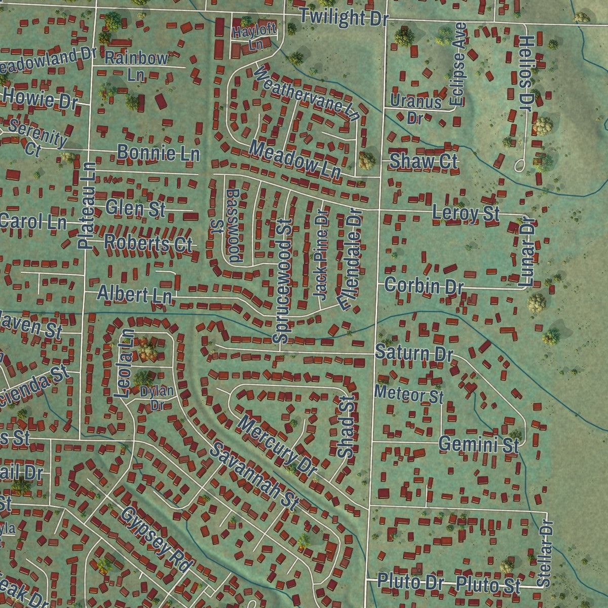 Close-up of the map of Rapid Valley, South Dakota print showing street and building detail