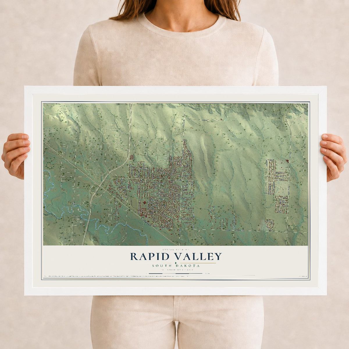 Map of Rapid Valley, South Dakota, 12 x 18 inch print in a white wood frame