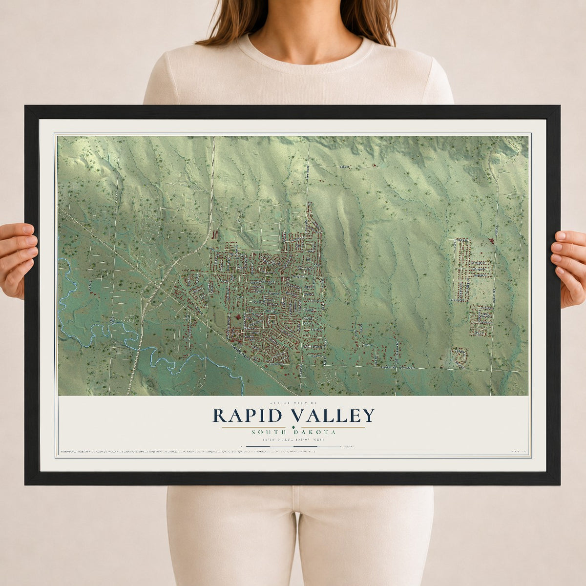 Map of Rapid Valley, South Dakota, 18 x 24 inch print in a black wood frame