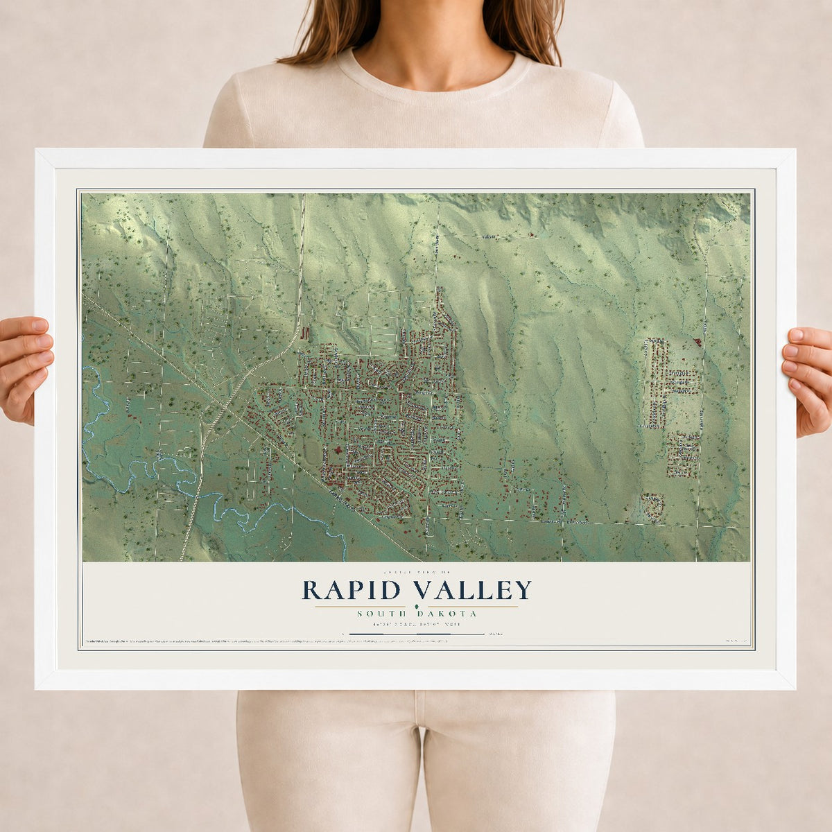 Map of Rapid Valley, South Dakota, 18 x 24 inch print in a white wood frame