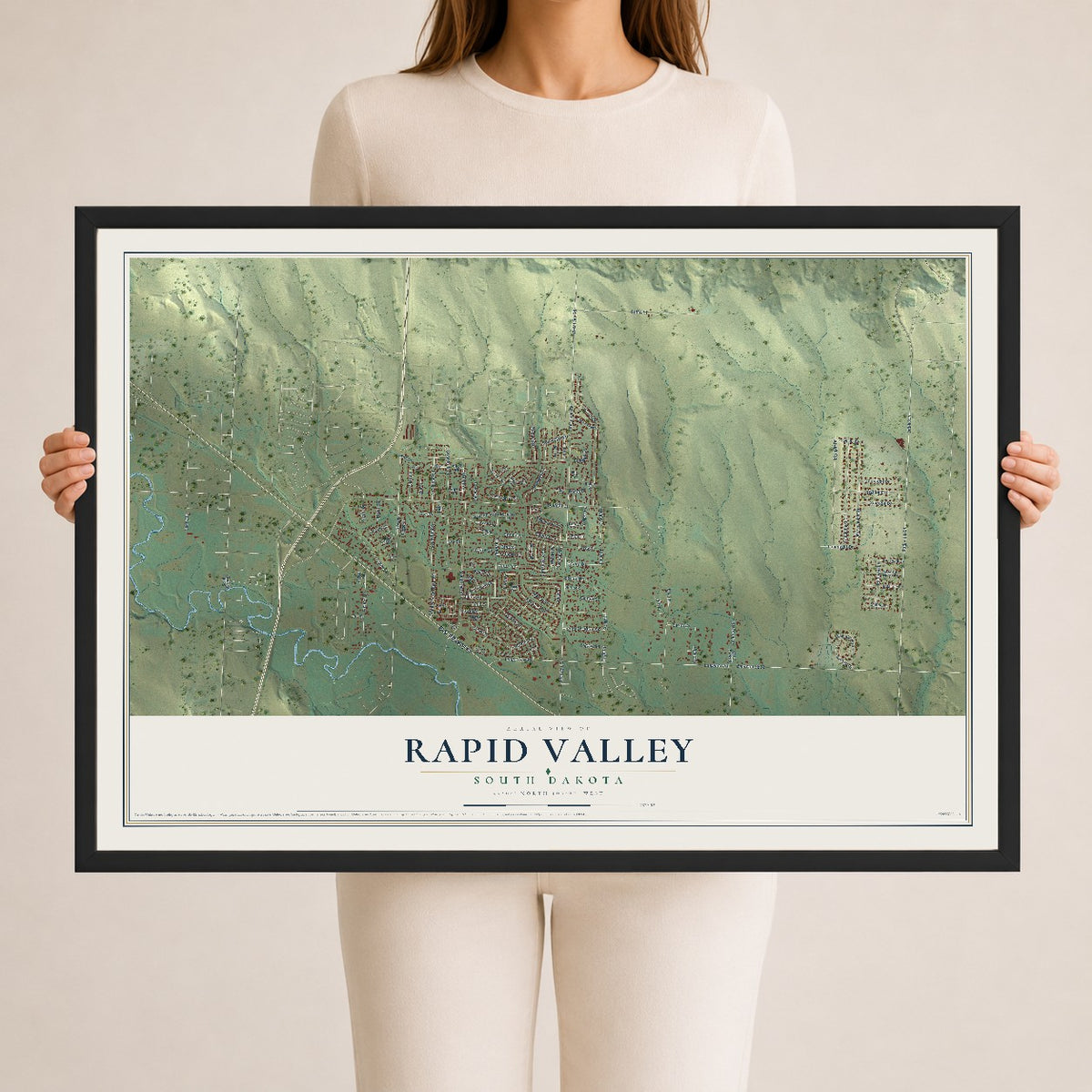 Map of Rapid Valley, South Dakota, 24 x 36 inch print in a black wood frame