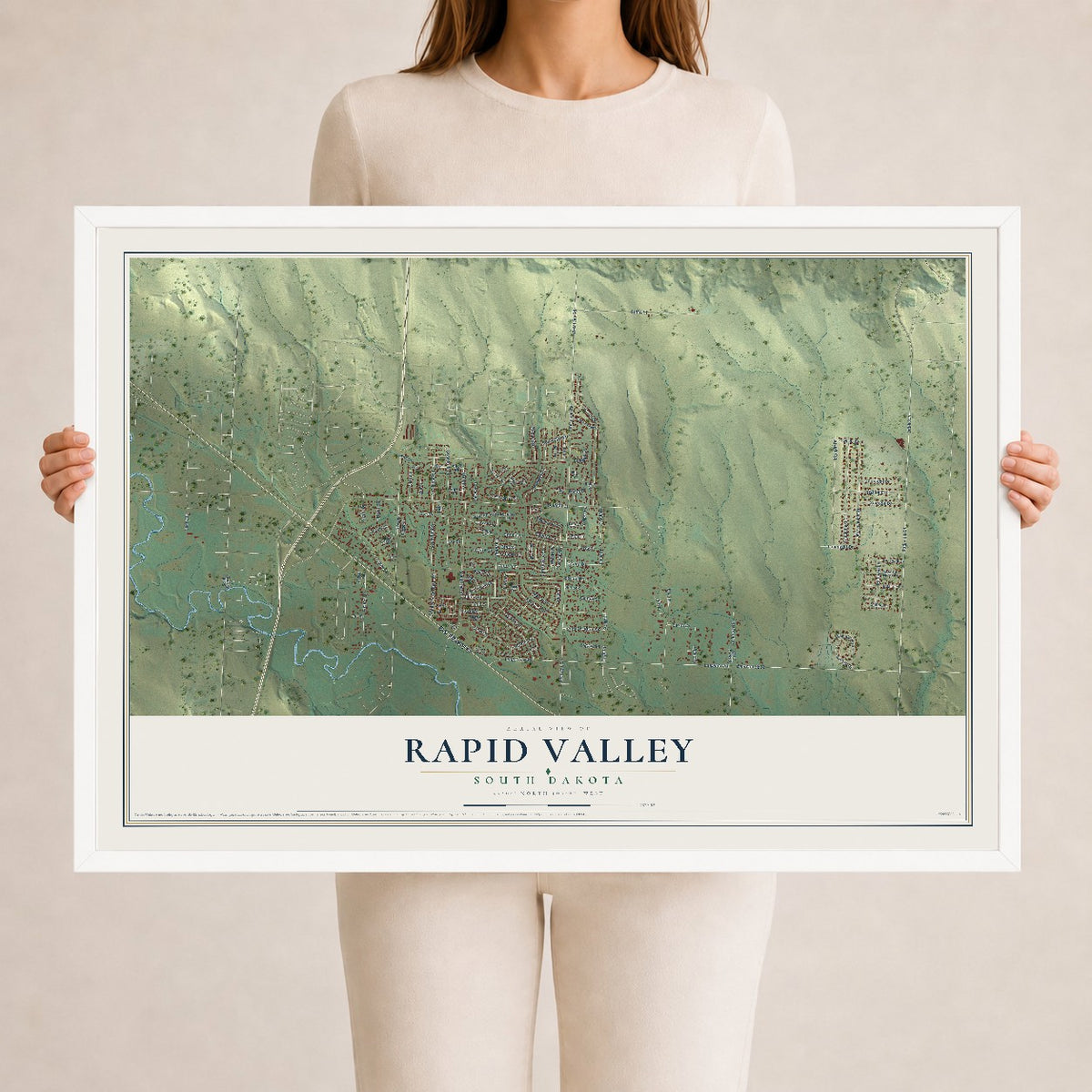 Map of Rapid Valley, South Dakota, 24 x 36 inch print in a white wood frame