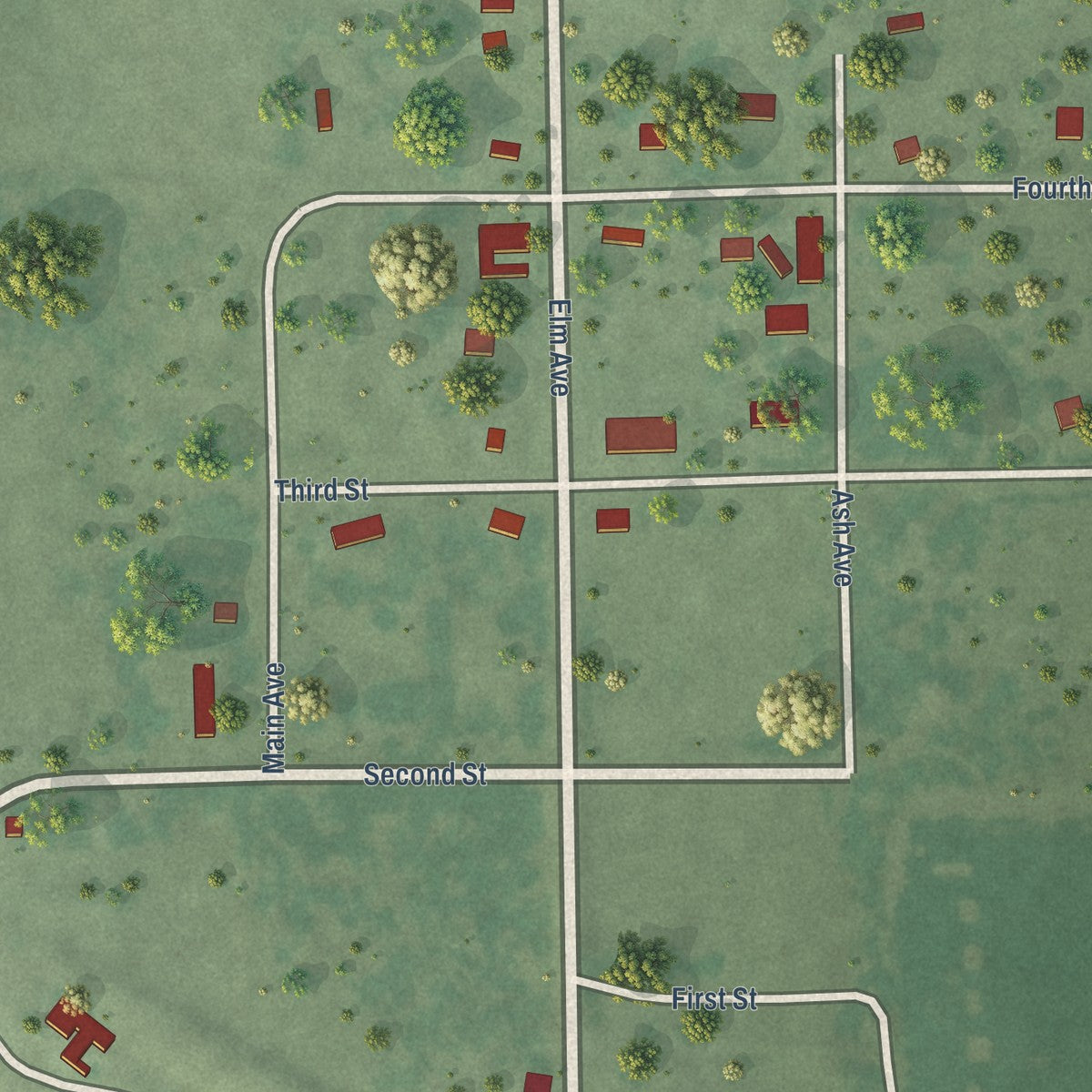 Close-up of the map of Ravinia, South Dakota print showing street and building detail