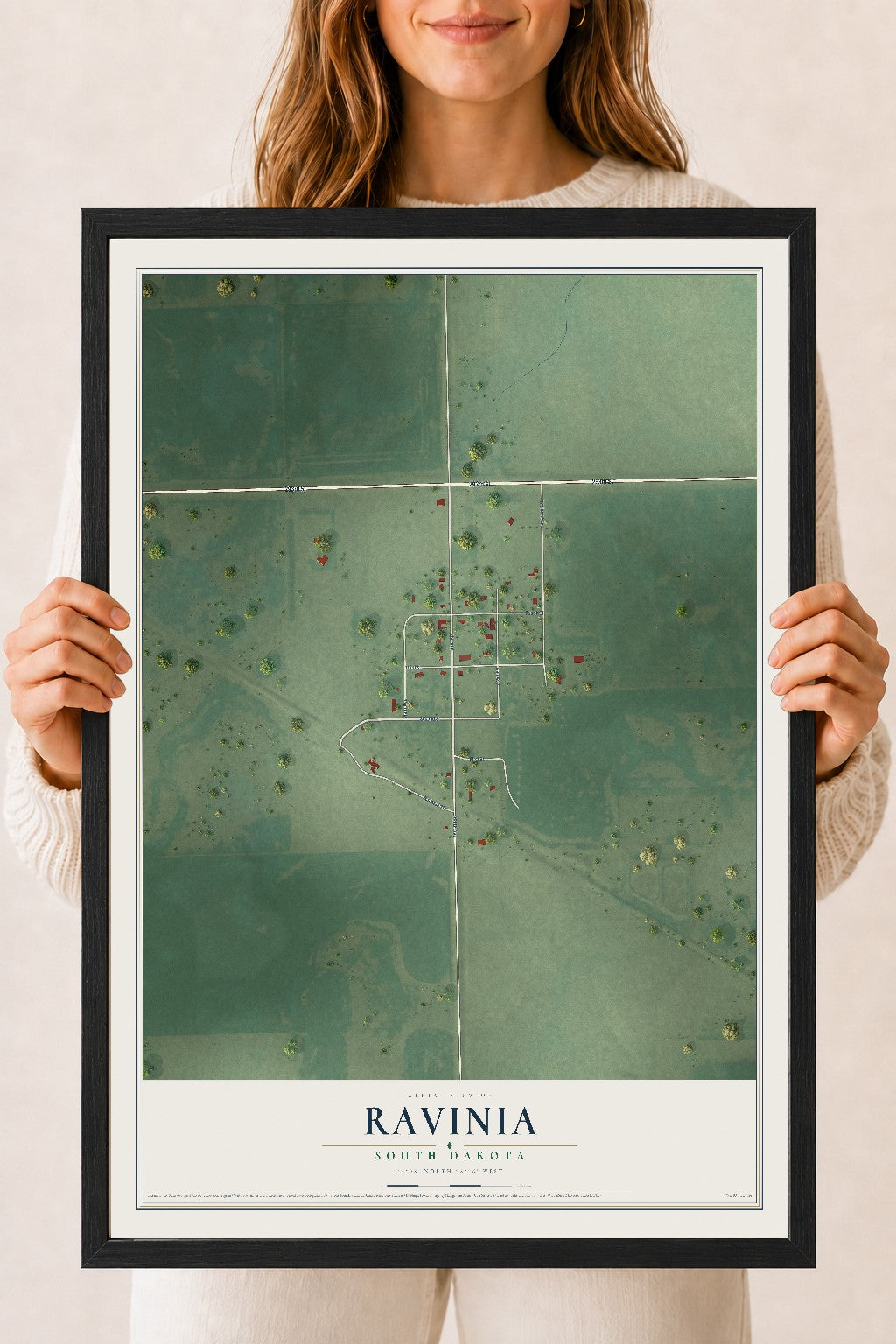 Map of Ravinia, South Dakota, 18 x 24 inch print in a black wood frame
