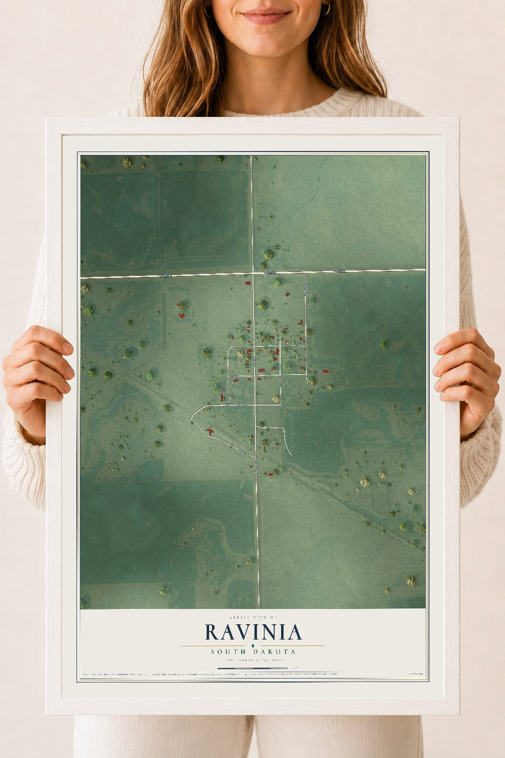 Map of Ravinia, South Dakota, 18 x 24 inch print in a white wood frame