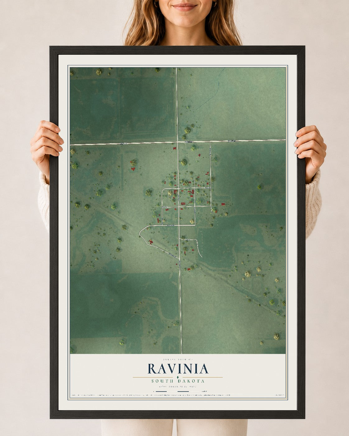 Map of Ravinia, South Dakota, 24 x 36 inch print in a black wood frame