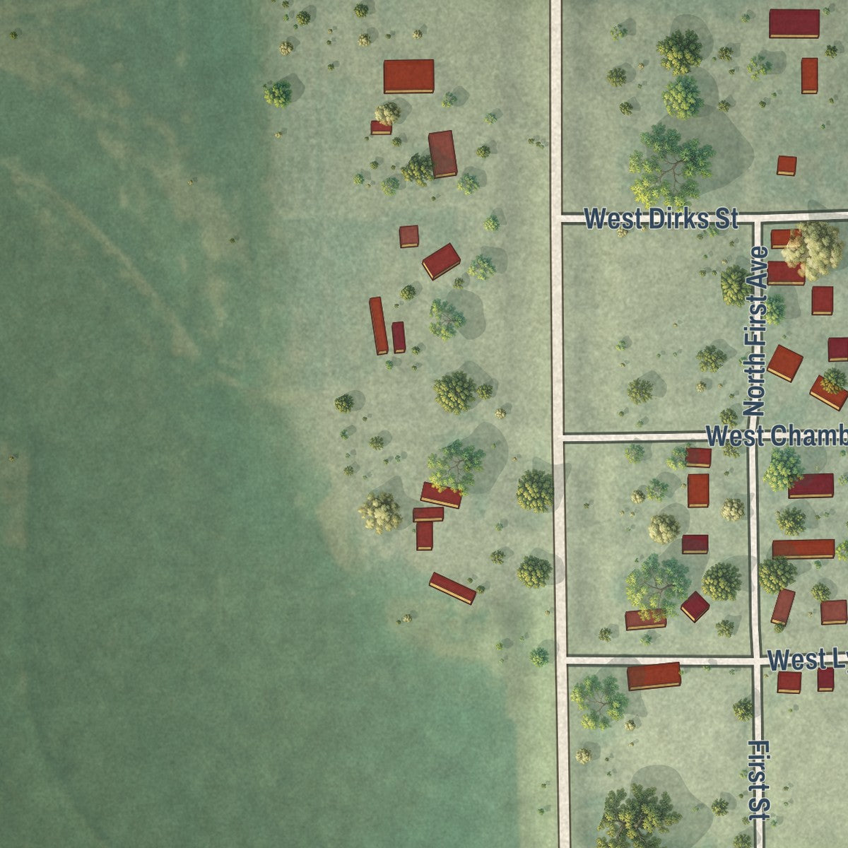 Second close-up of the map of Reliance, South Dakota print showing more streets and buildings