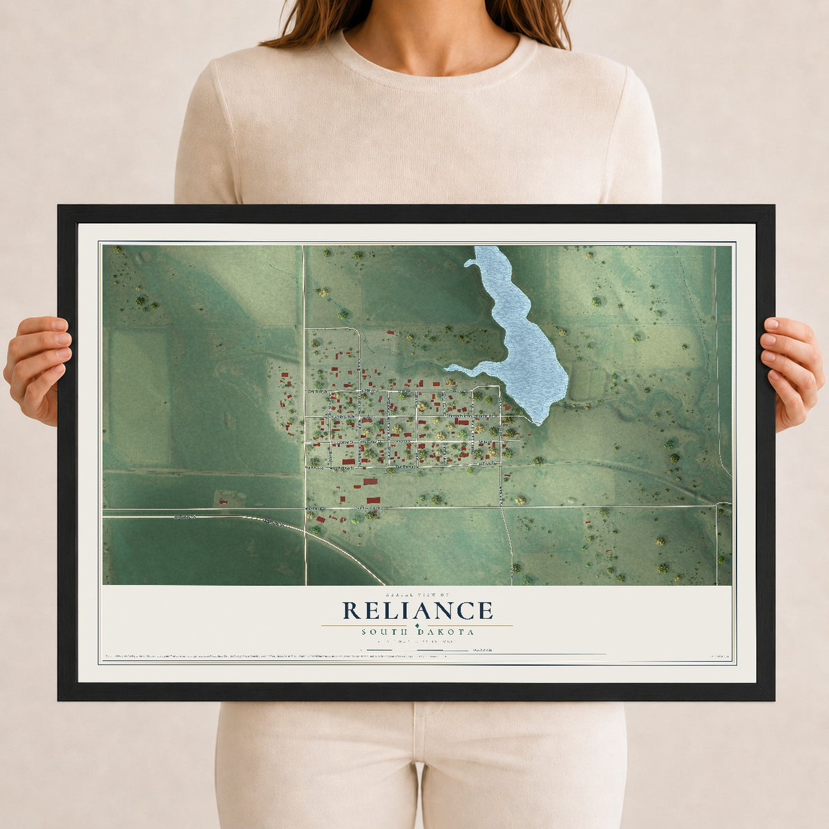 Map of Reliance, South Dakota, 12 x 18 inch print in a black wood frame