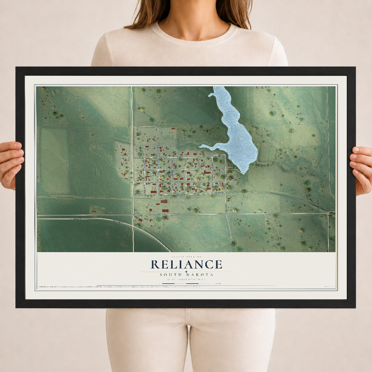 Map of Reliance, South Dakota, 18 x 24 inch print in a black wood frame