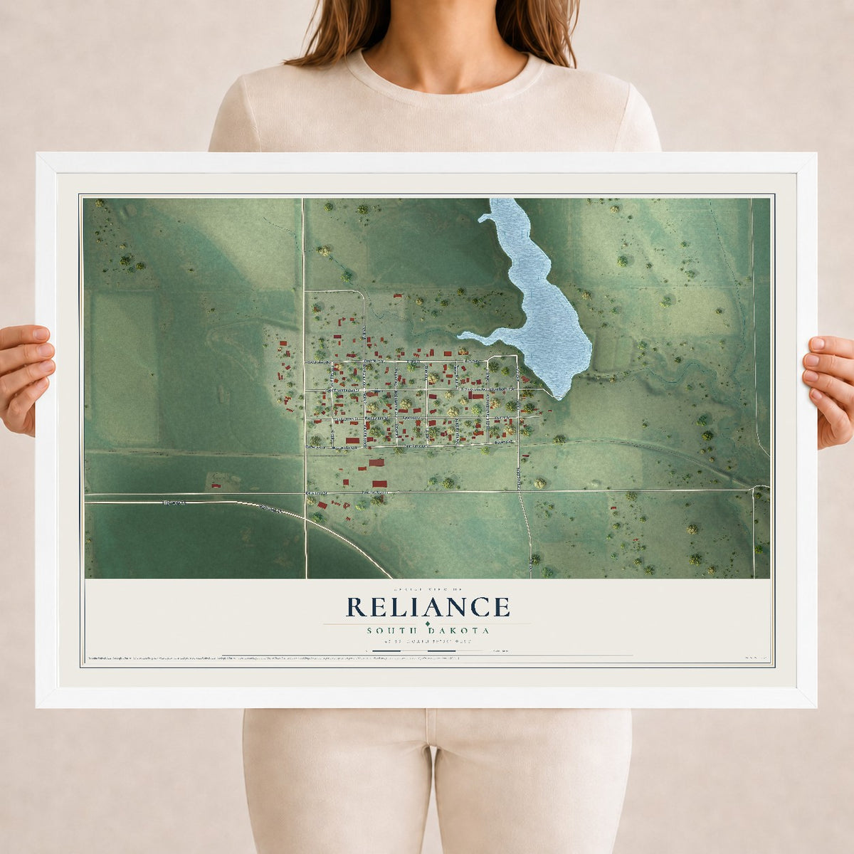 Map of Reliance, South Dakota, 18 x 24 inch print in a white wood frame