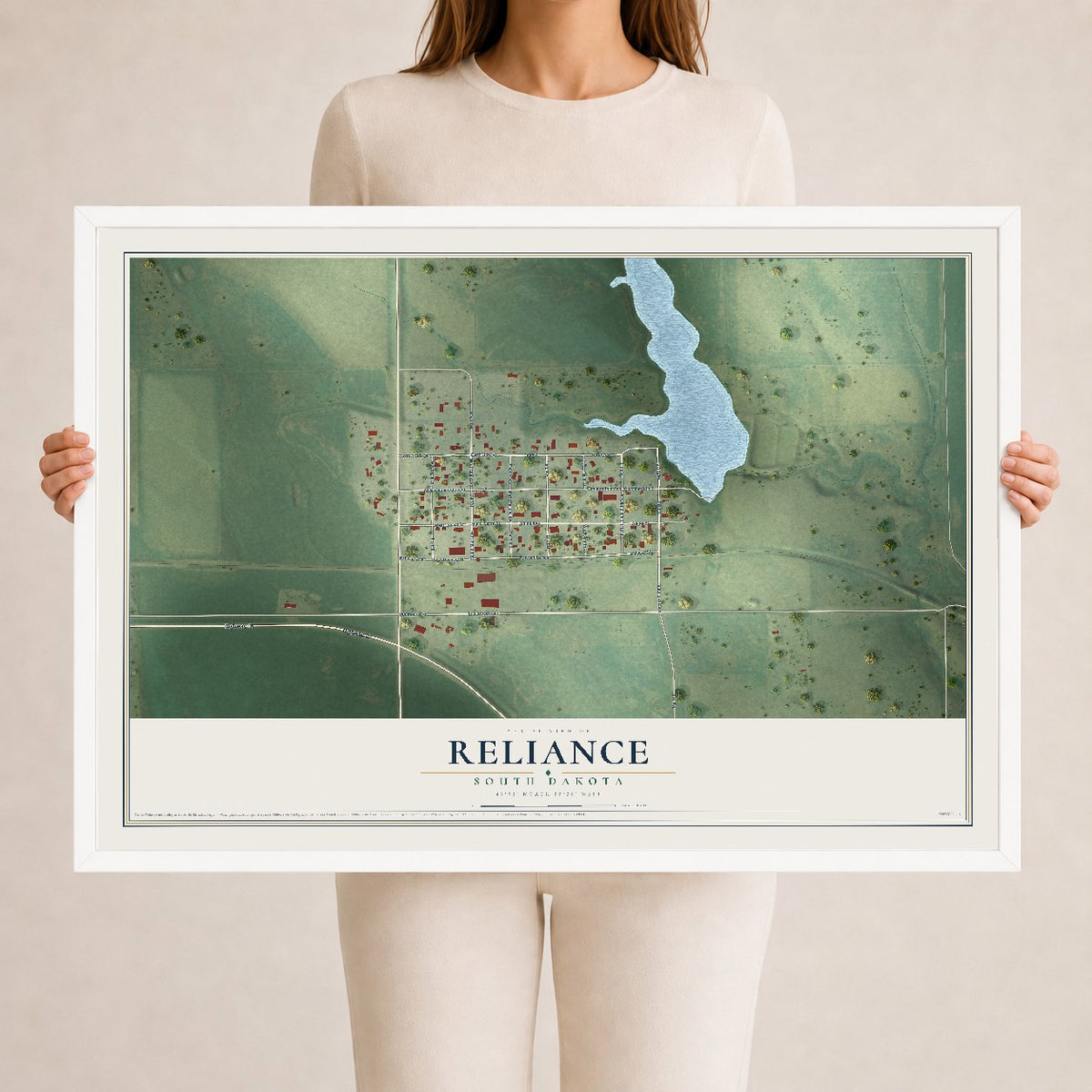 Map of Reliance, South Dakota, 24 x 36 inch print in a white wood frame