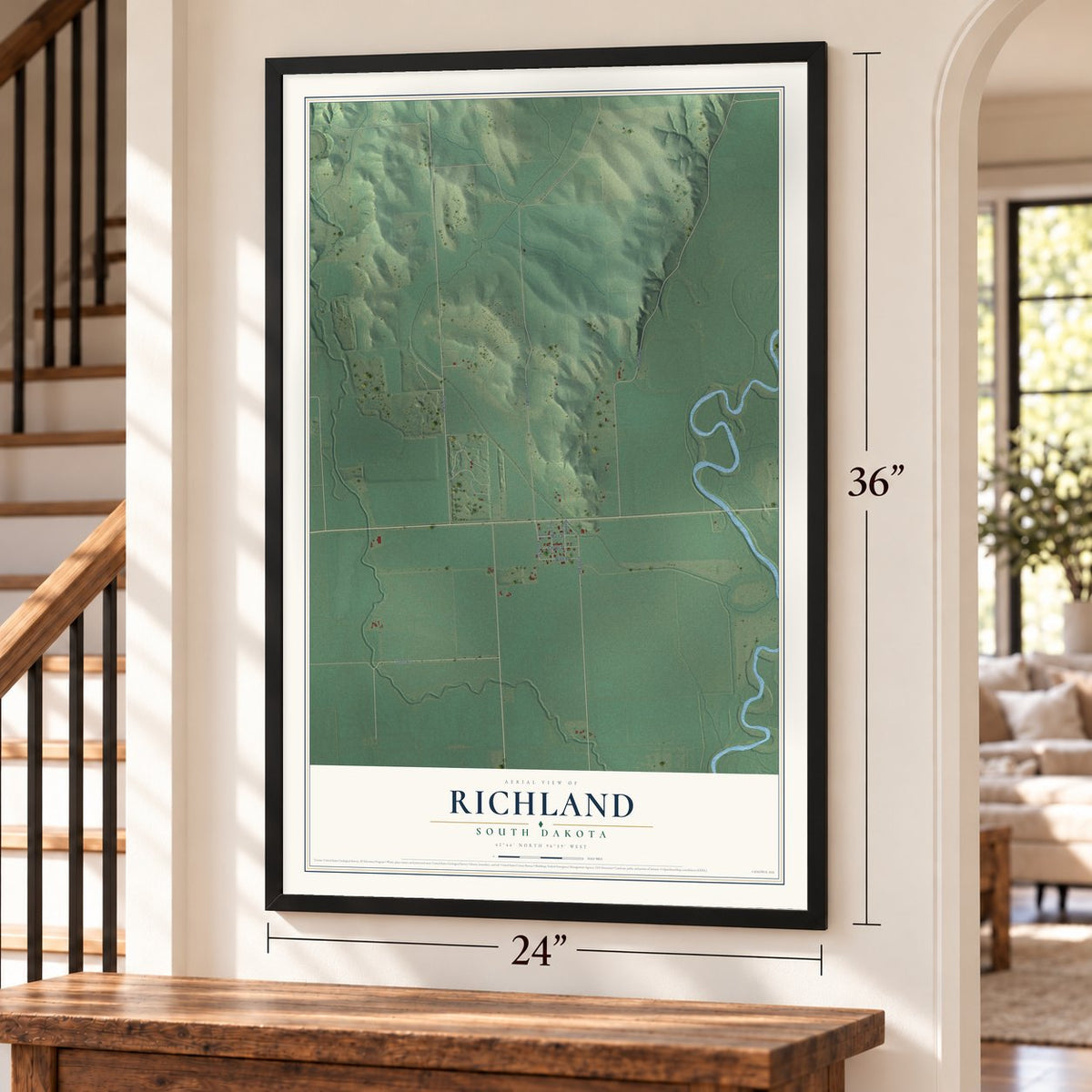 Richland, South Dakota map, 24 x 36 inch print in a black frame by a staircase