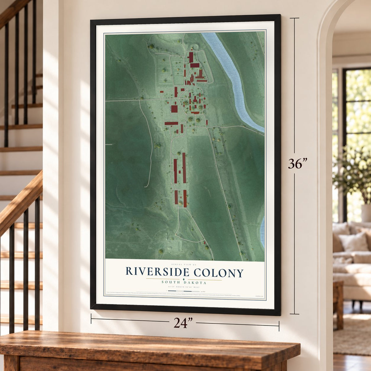 Riverside Colony, South Dakota map, 24 x 36 inch print in a black frame by a staircase