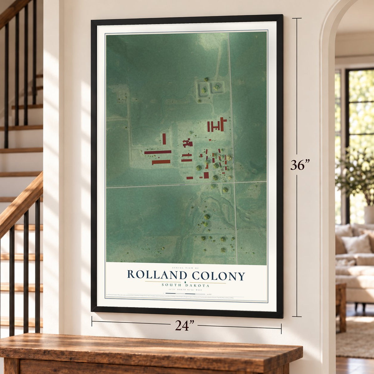 Rolland Colony, South Dakota map, 24 x 36 inch print in a black frame by a staircase