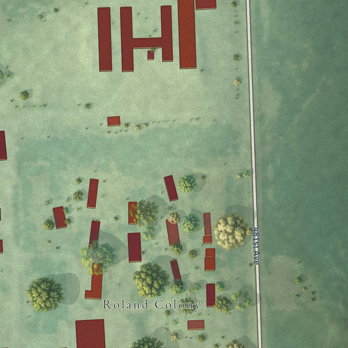Close-up of the map of Rolland Colony, South Dakota print showing street and building detail
