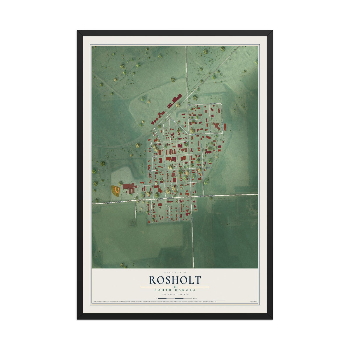 Map of Rosholt, South Dakota, 12 x 18 inch print in a black wood frame