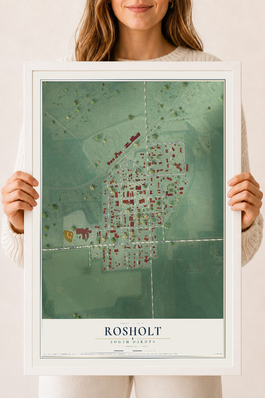 Map of Rosholt, South Dakota, 18 x 24 inch print in a white wood frame