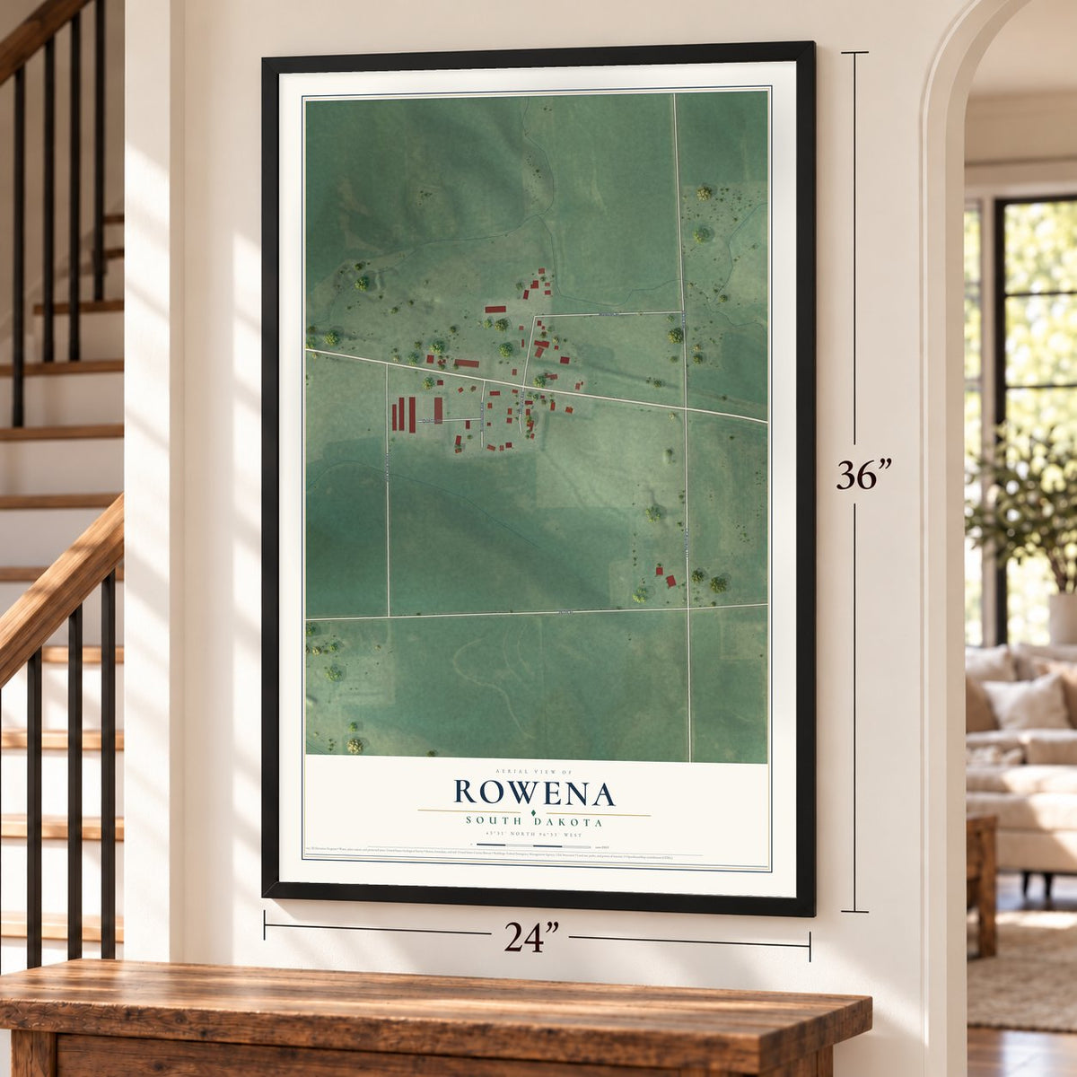 Rowena, South Dakota map, 24 x 36 inch print in a black frame by a staircase