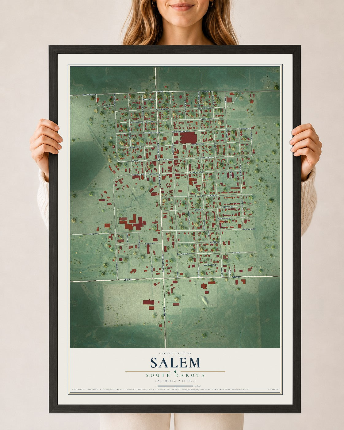 Map of Salem, South Dakota, 24 x 36 inch print in a black wood frame