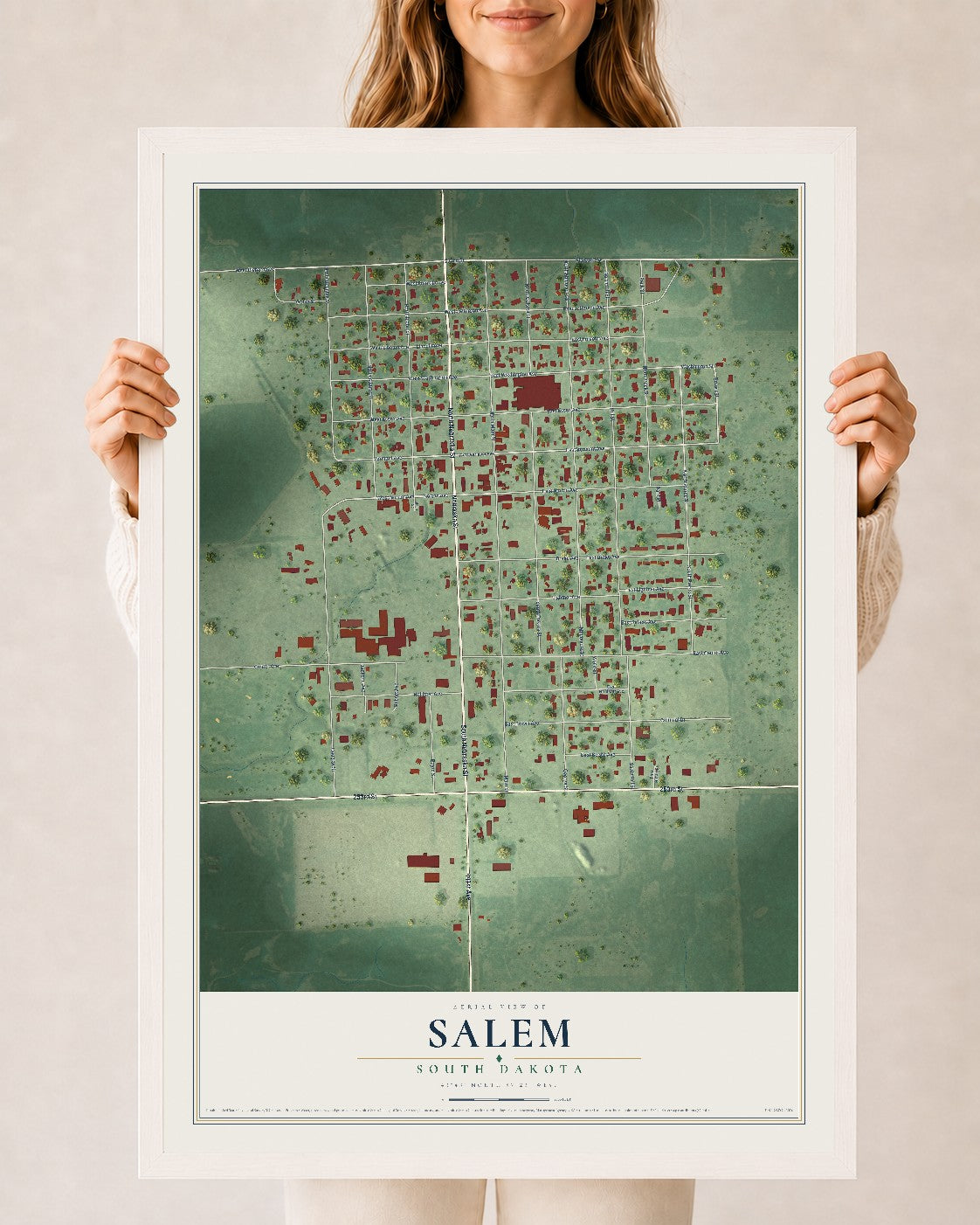 Map of Salem, South Dakota, 24 x 36 inch print in a white wood frame