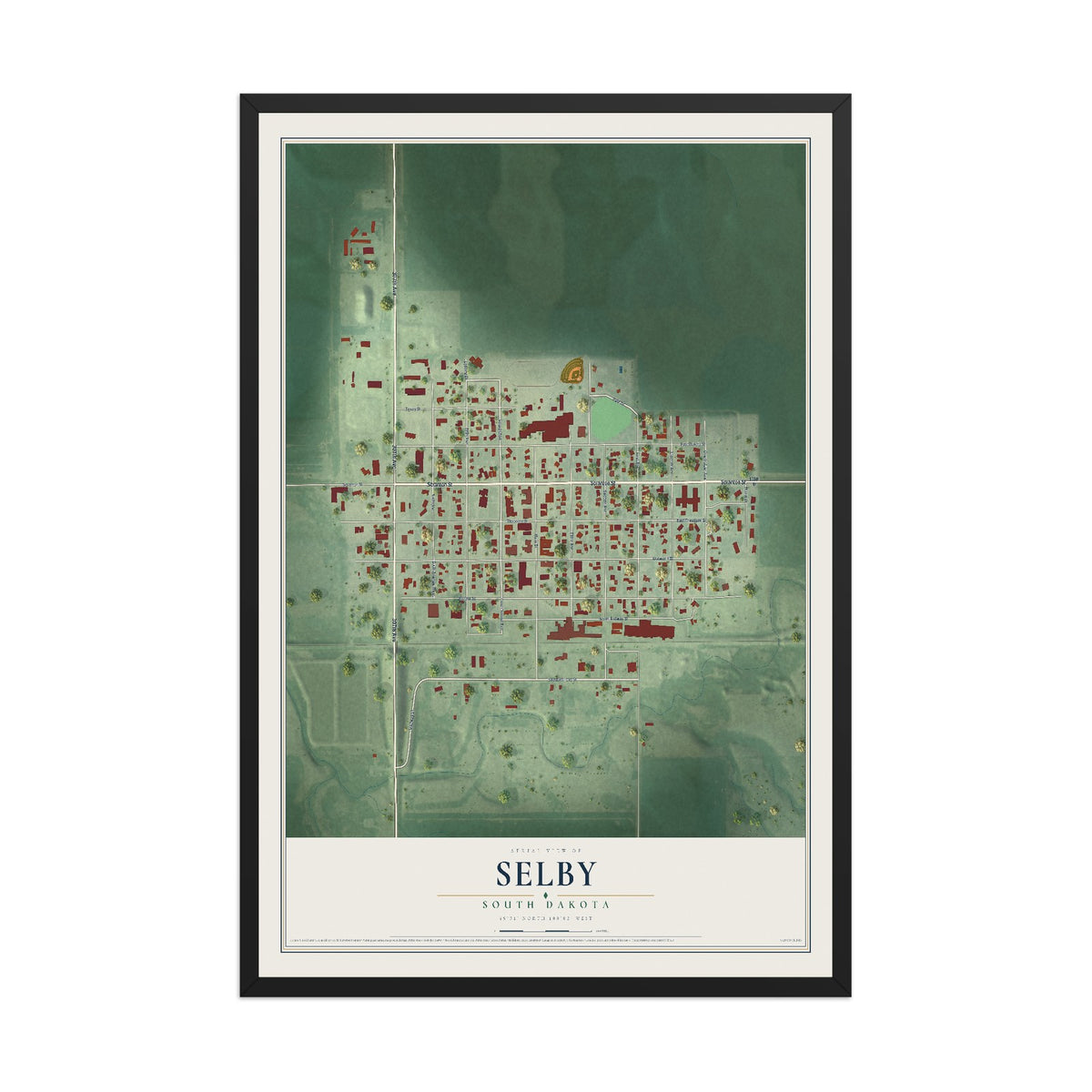 Map of Selby, South Dakota, 12 x 18 inch print in a black wood frame