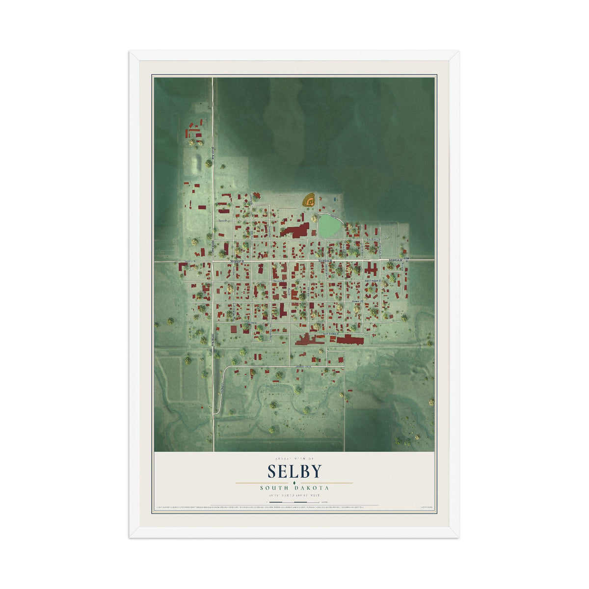 Map of Selby, South Dakota, 12 x 18 inch print in a white wood frame