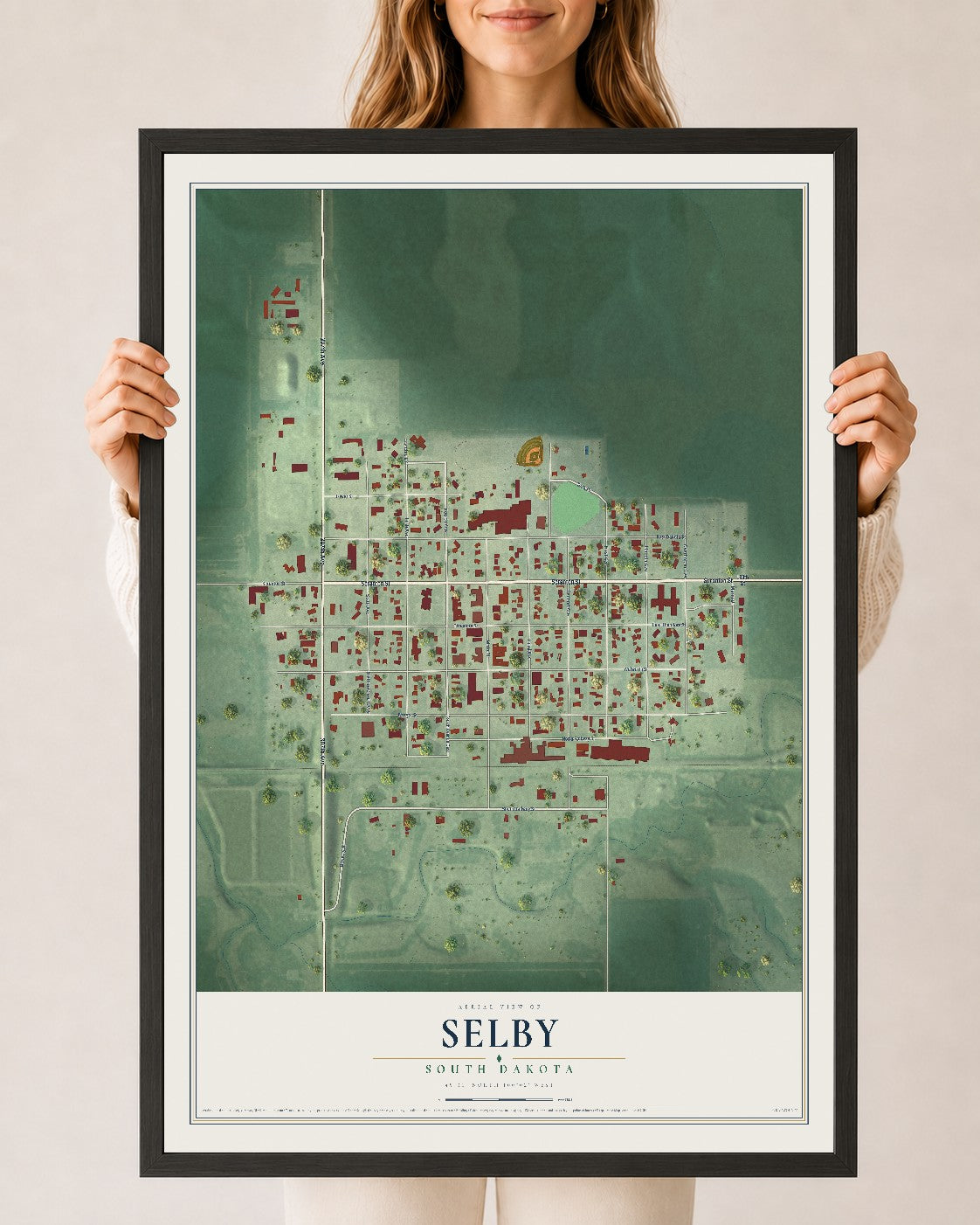 Map of Selby, South Dakota, 24 x 36 inch print in a black wood frame