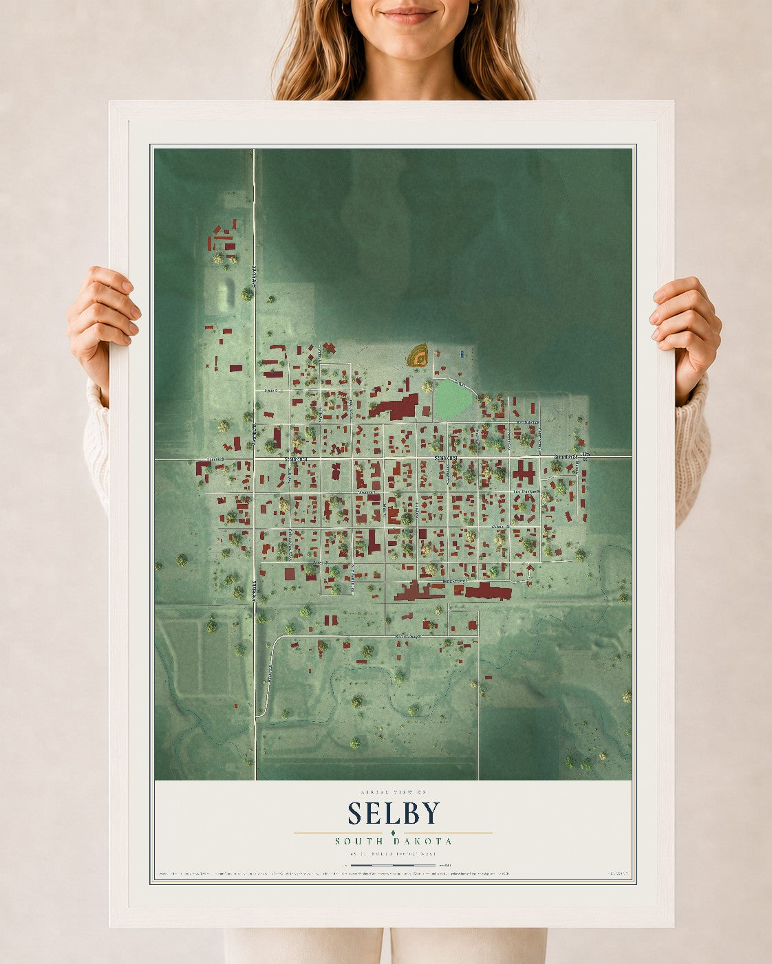 Map of Selby, South Dakota, 24 x 36 inch print in a white wood frame